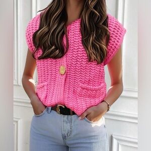 Pink Knit Cardigan Sweater Vest